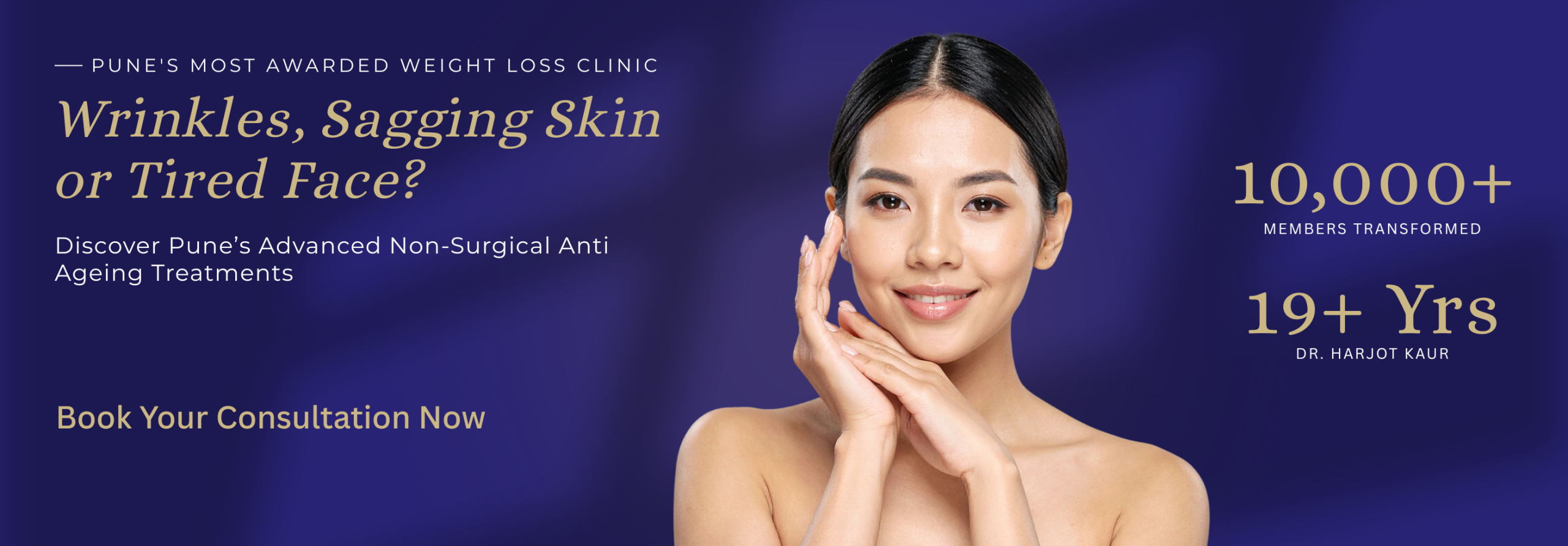 Hero banner for Pune anti-aging clinic: smiling woman at center with bold headline about wrinkles and aging treatments, and a 'Book Your Consultation Now' call to action on the left.