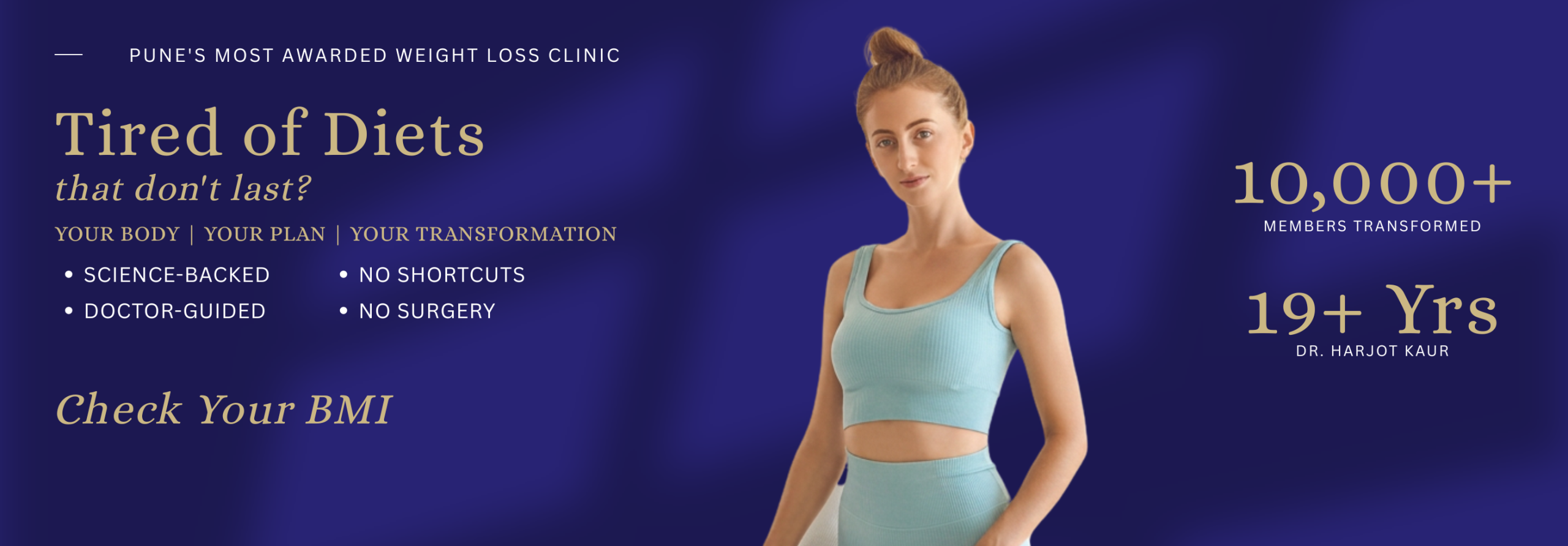 Hero banner for Pune anti-aging clinic: smiling woman at center with bold headline about wrinkles and aging treatments, and a 'Book Your Consultation Now' call to action on the left.