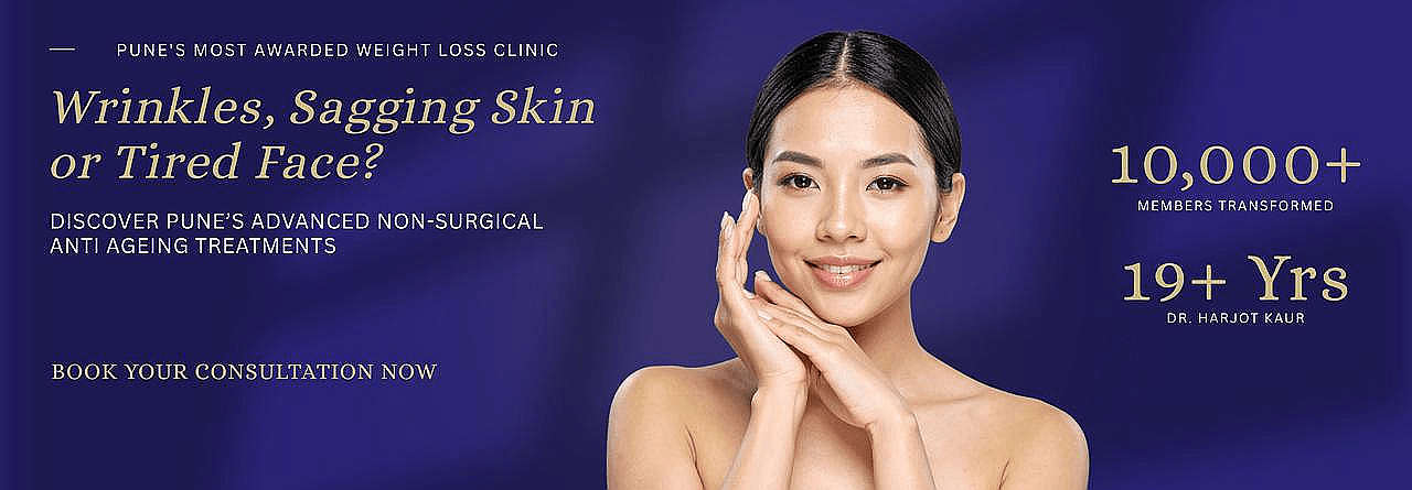 Hero banner for Pune anti-aging clinic: smiling woman at center with bold headline about wrinkles and aging treatments, and a 'Book Your Consultation Now' call to action on the left.