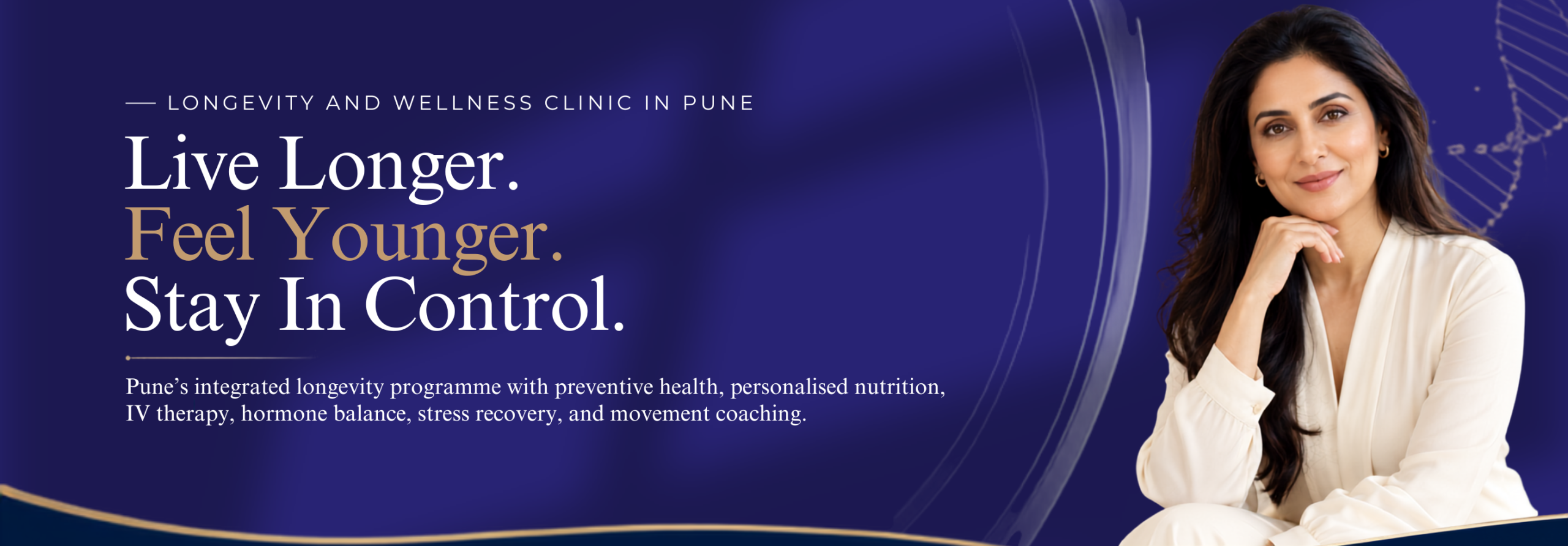 Hero banner for Pune anti-aging clinic: smiling woman at center with bold headline about wrinkles and aging treatments, and a 'Book Your Consultation Now' call to action on the left.