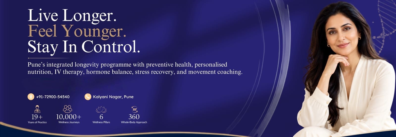 Hero banner for Pune anti-aging clinic: smiling woman at center with bold headline about wrinkles and aging treatments, and a 'Book Your Consultation Now' call to action on the left.