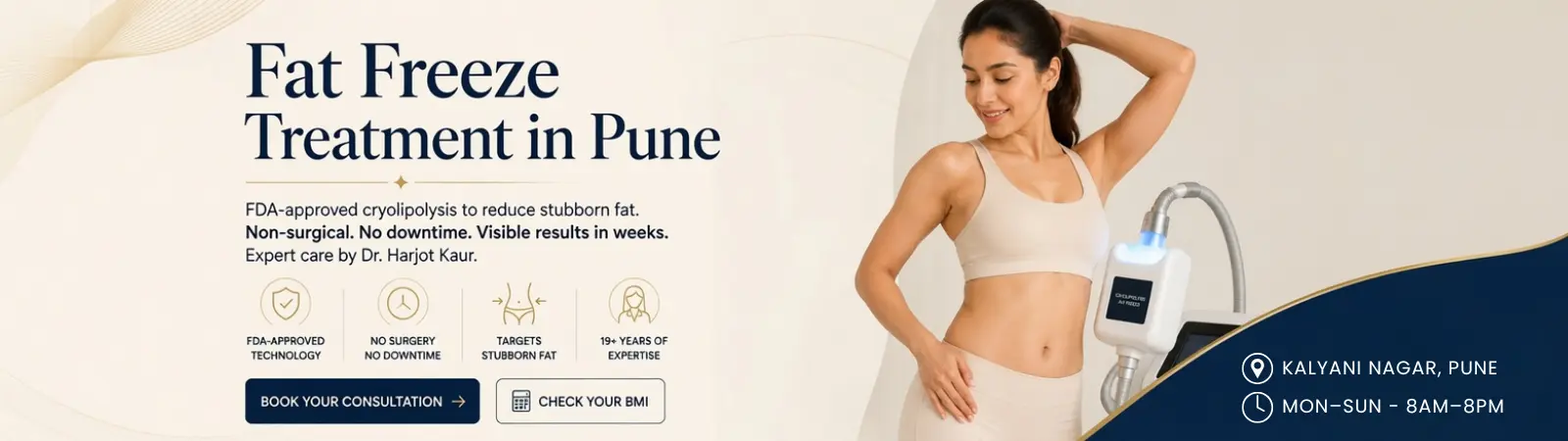 Hero banner for Pune anti-aging clinic: smiling woman at center with bold headline about wrinkles and aging treatments, and a 'Book Your Consultation Now' call to action on the left.