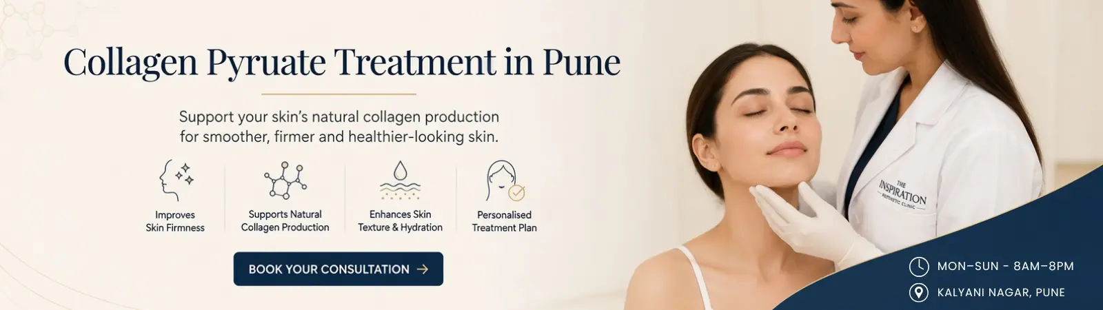 Hero banner for Pune anti-aging clinic: smiling woman at center with bold headline about wrinkles and aging treatments, and a 'Book Your Consultation Now' call to action on the left.