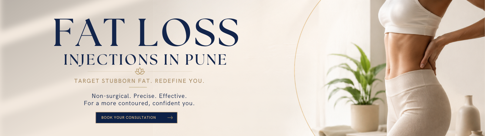 Hero banner for Pune anti-aging clinic: smiling woman at center with bold headline about wrinkles and aging treatments, and a 'Book Your Consultation Now' call to action on the left.