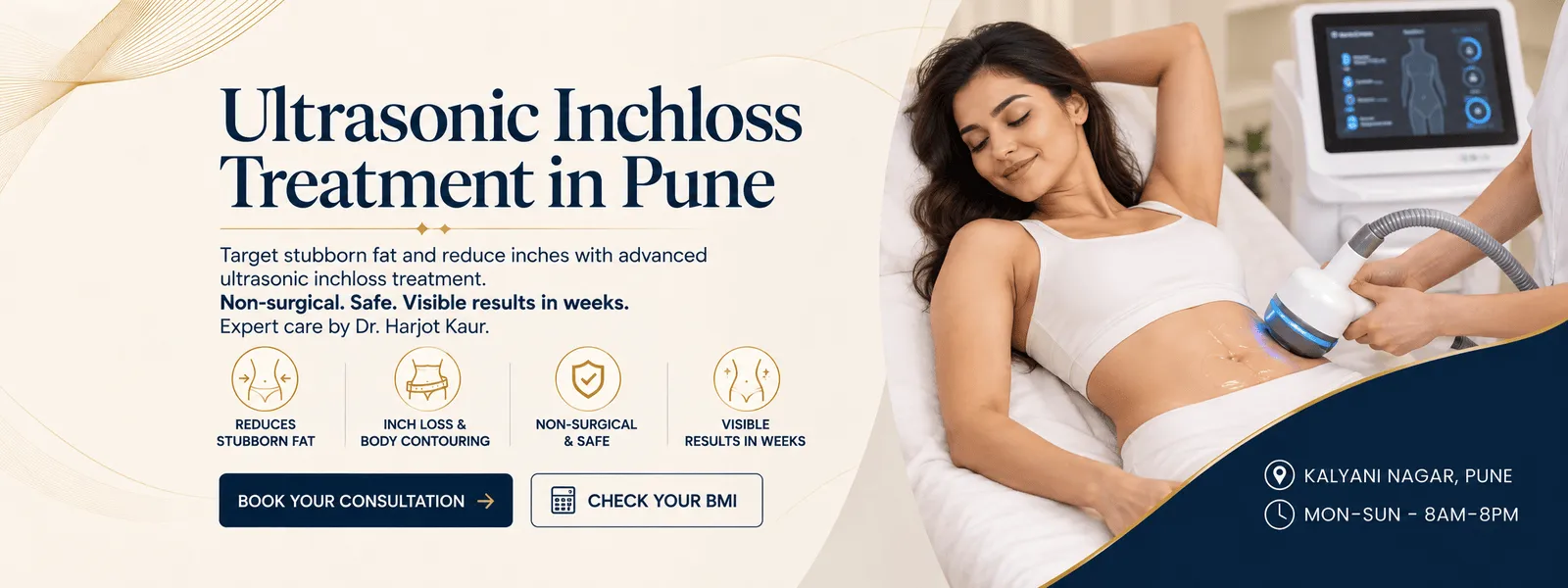 Hero banner for Pune anti-aging clinic: smiling woman at center with bold headline about wrinkles and aging treatments, and a 'Book Your Consultation Now' call to action on the left.